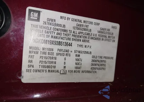 2003 GMC Safari z USA, uszkodzony, nr VIN 1GKDM19X93B513644